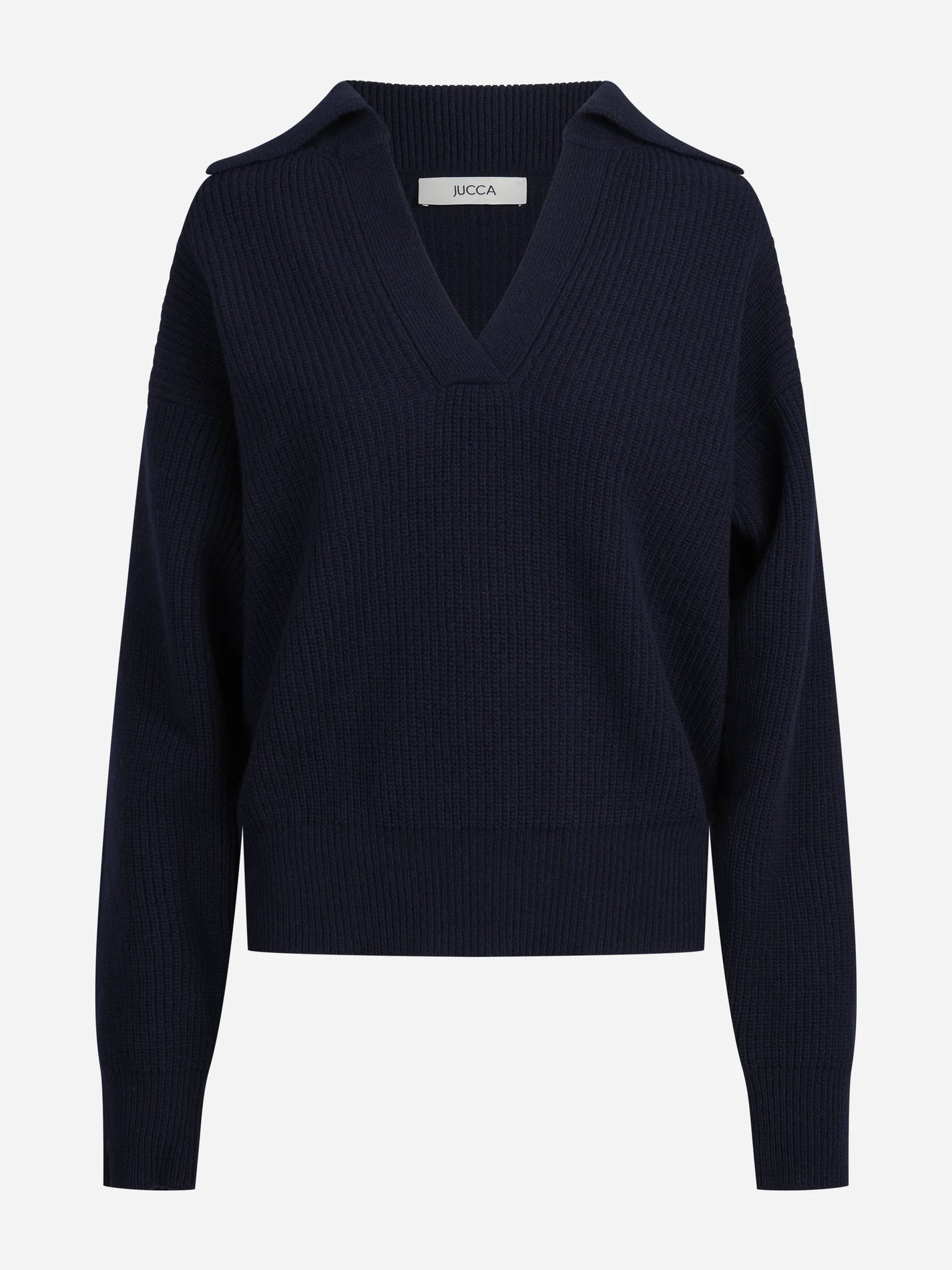 Cardigan in lana con zip e lavorazione a pannocchia blu - vista frontale