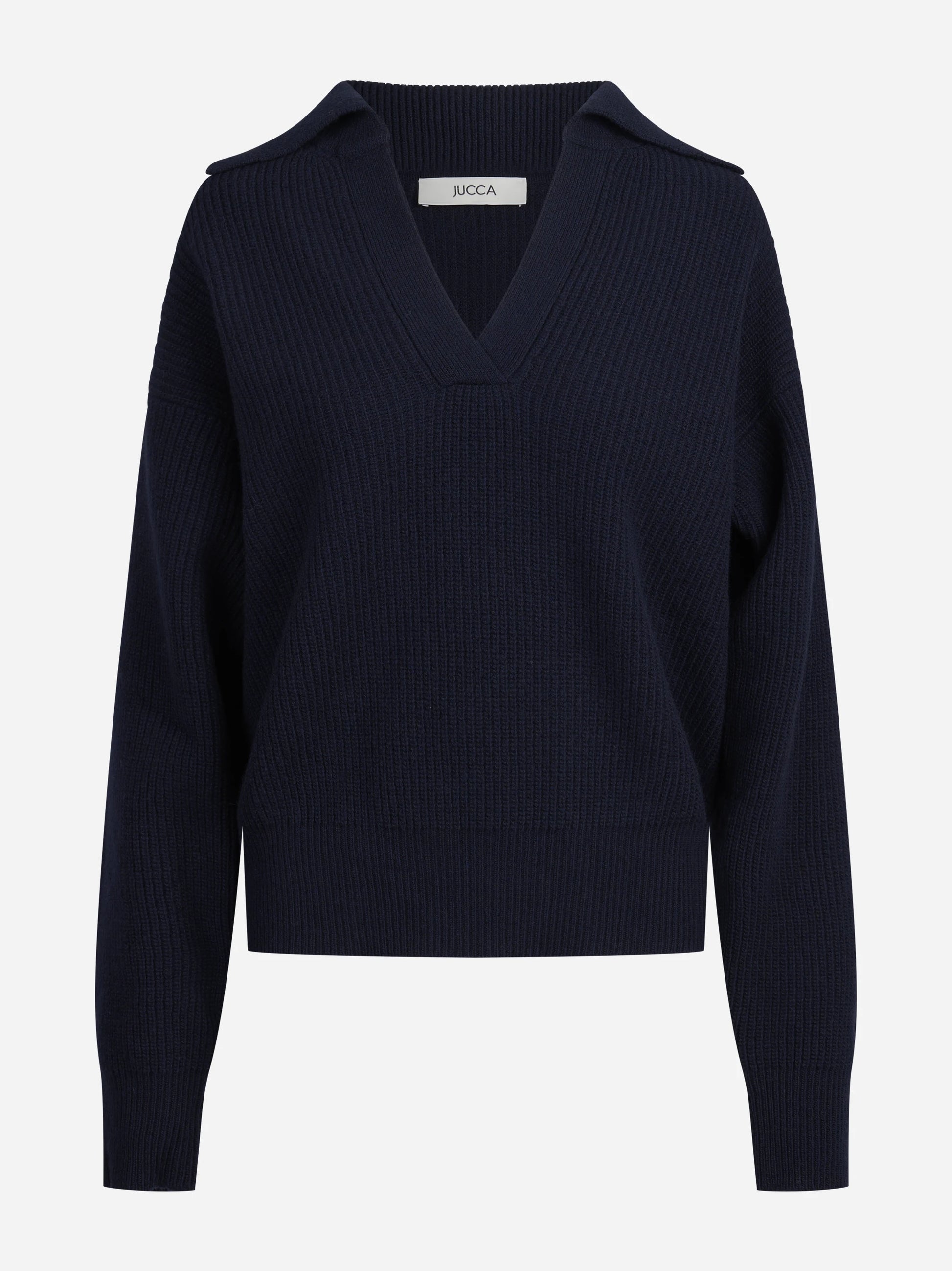Cardigan in lana con zip e lavorazione a pannocchia blu - vista frontale