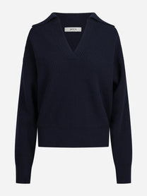 Cardigan in lana con zip e lavorazione a pannocchia blu - vista frontale