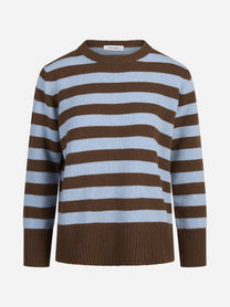 Maglia girocollo a righe in lana e cashmere marrone e azzurra - vista frontale