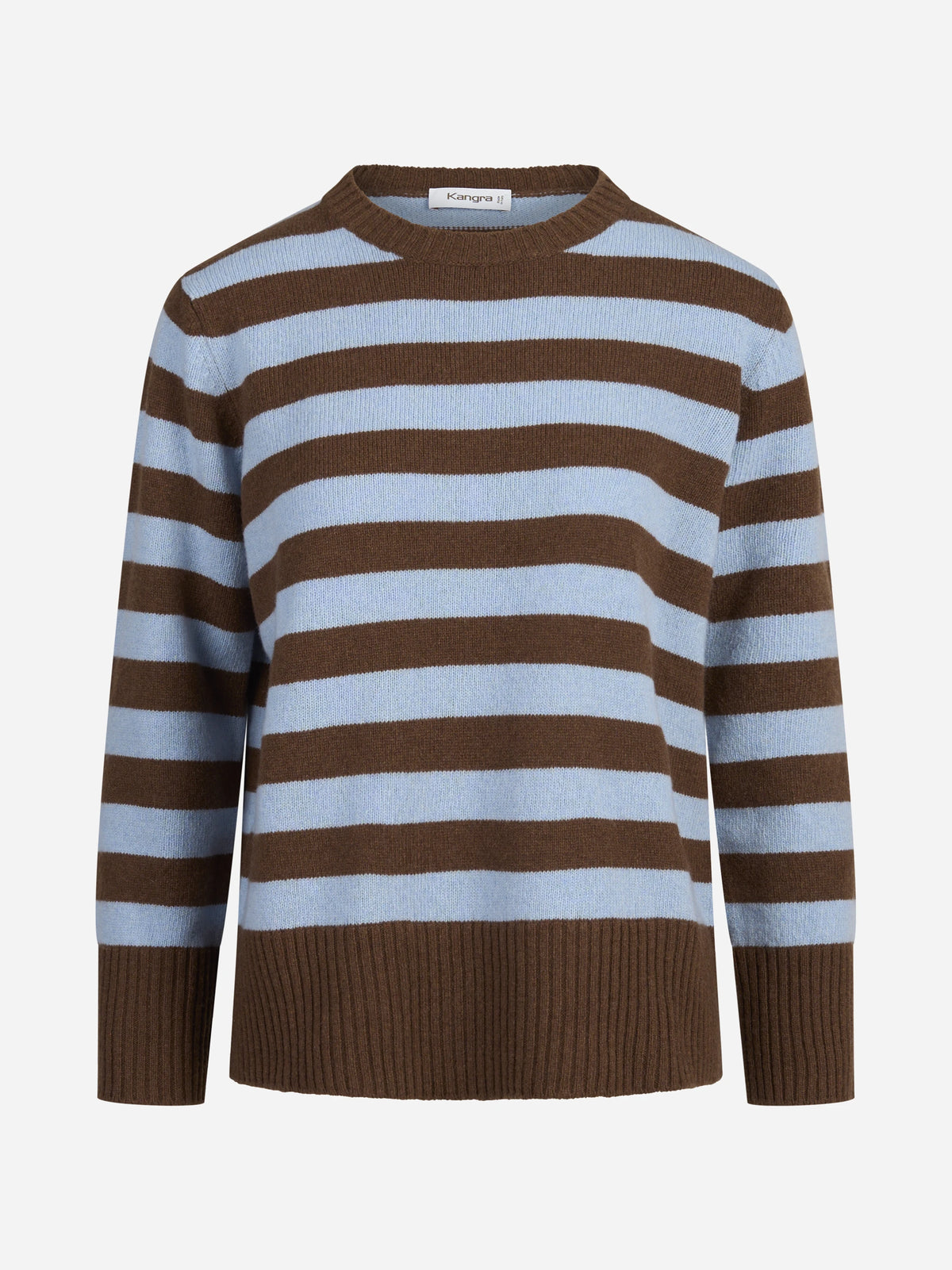 Maglia girocollo a righe in lana e cashmere marrone e azzurra - vista frontale