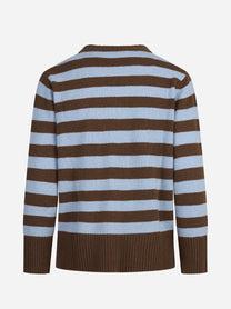 Maglia girocollo a righe in lana e cashmere marrone e azzurra - vista posteriore