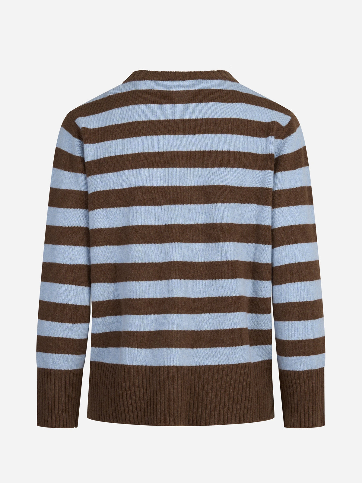 Maglia girocollo a righe in lana e cashmere marrone e azzurra - vista posteriore