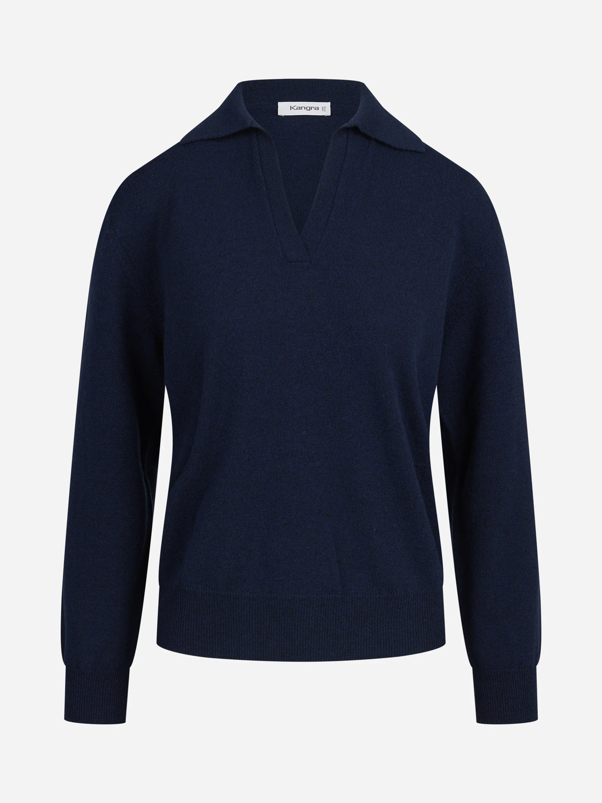 Polo aperta in lana e cashmere blu - vista frontale