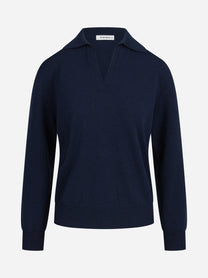 Polo aperta in lana e cashmere blu - vista frontale
