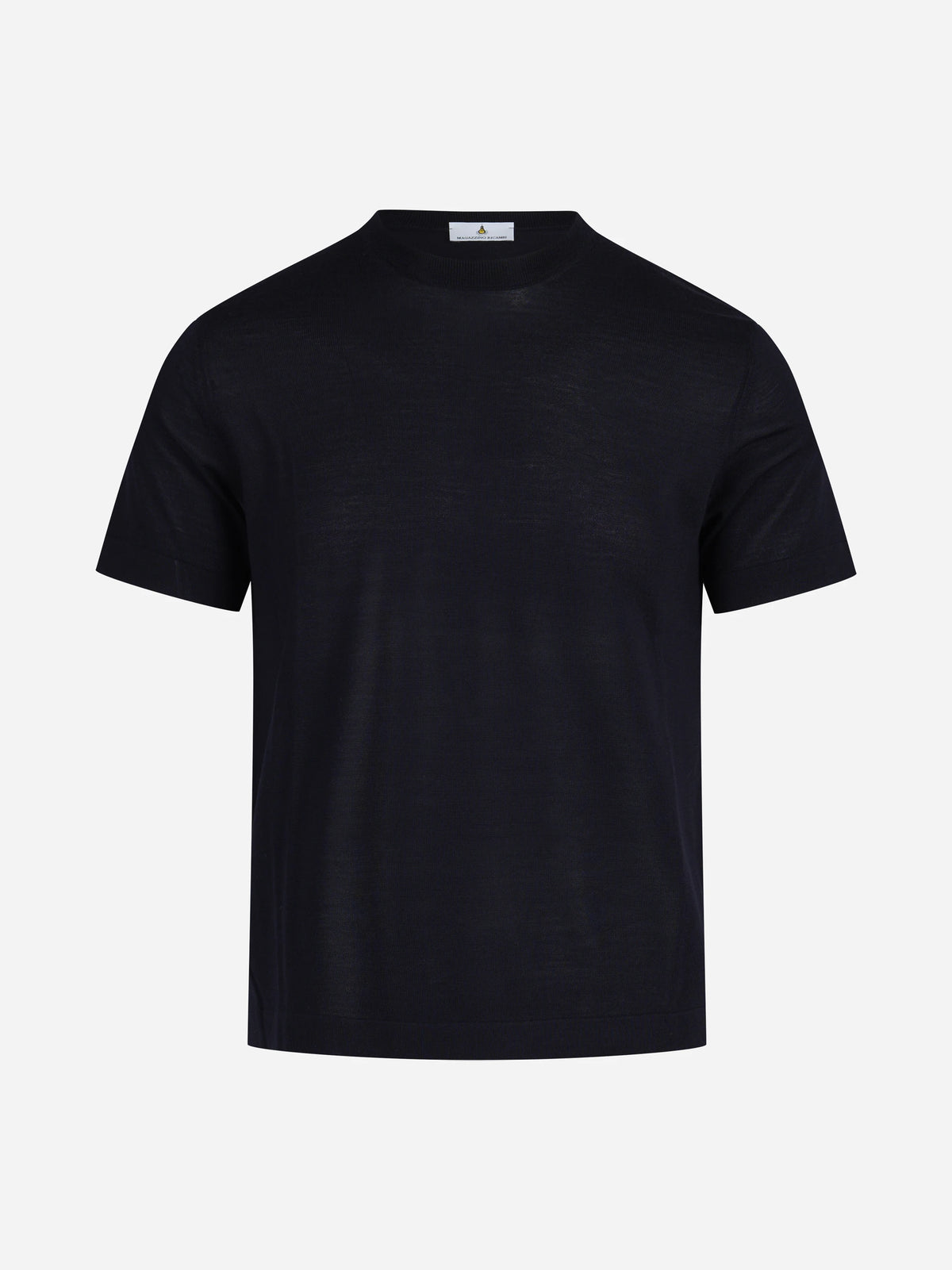 Maglia girocollo a maniche corte in lana blu - vista frontale