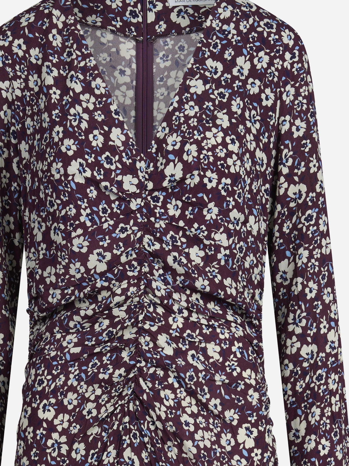 Abito midi floreale con arricciatura bordeaux - dettaglio del busto