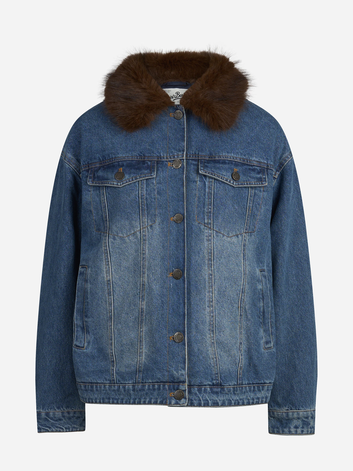 Giacca Dails in denim con collo effetto pelliccia blu - vista frontale