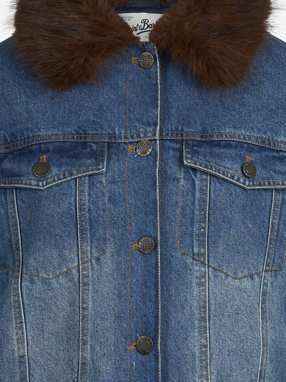 Giacca Dails in denim con collo effetto pelliccia blu - dettaglio del prodotto