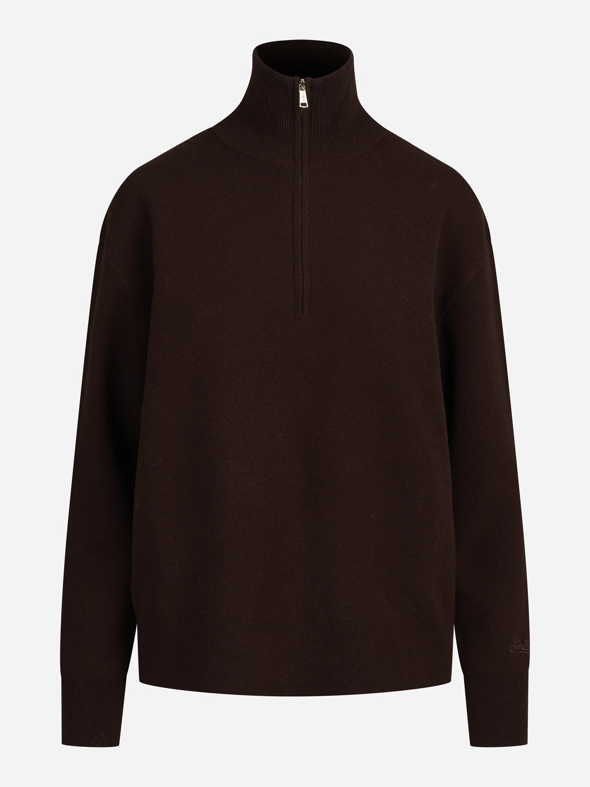 Maglia Capucine con mezza zip in lana marrone - vista frontale