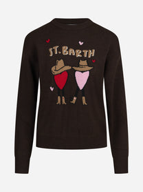 Maglia Danya con ricamo St. Barth marrone - vista frontale