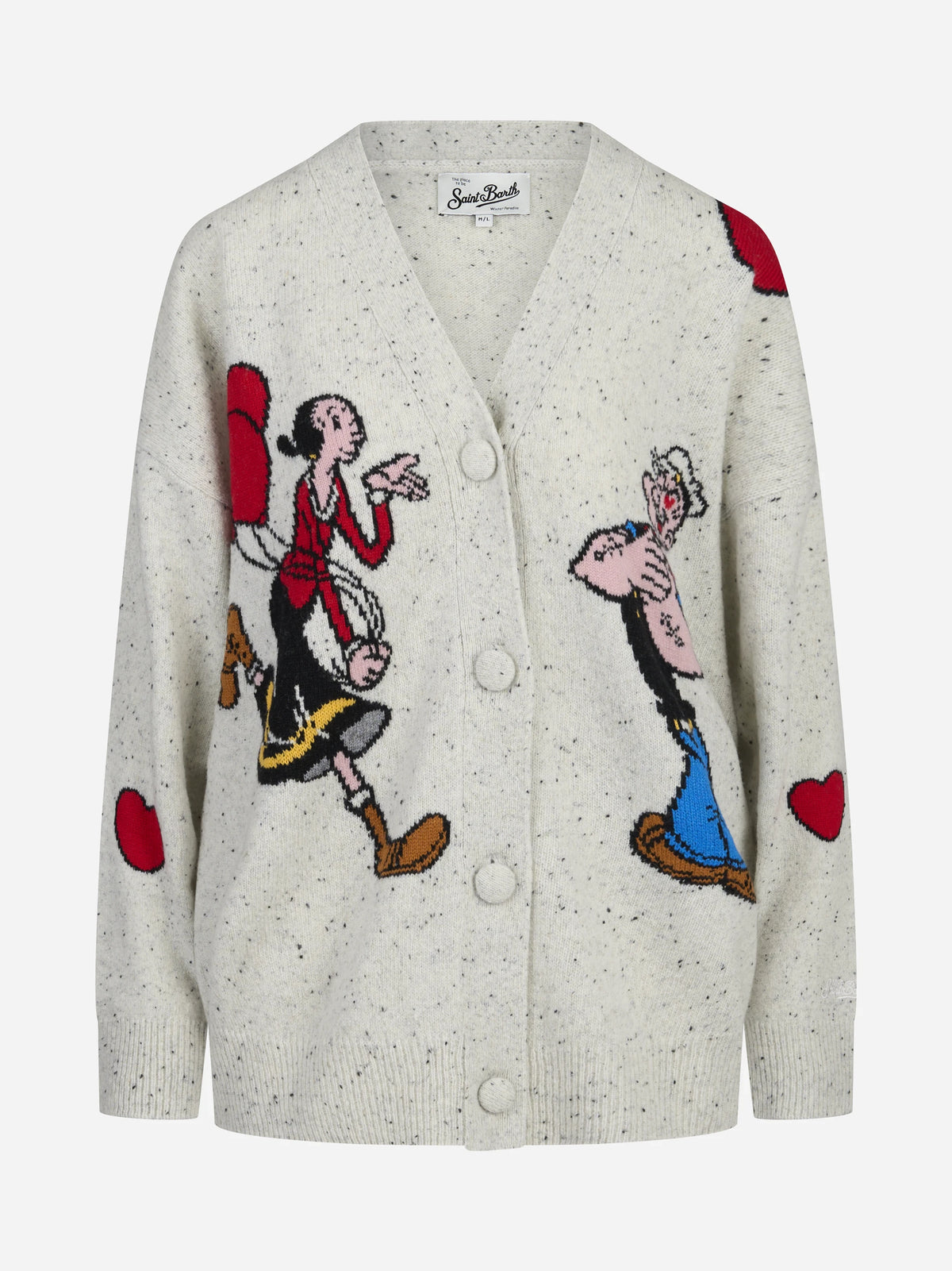 Cardigan Sasi Donegal con Popeye e Olivia bianco - vista frontale