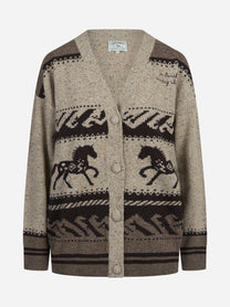 Cardigan Sasi Donegal con motivi nordici e cavalli marrone - vista frontale