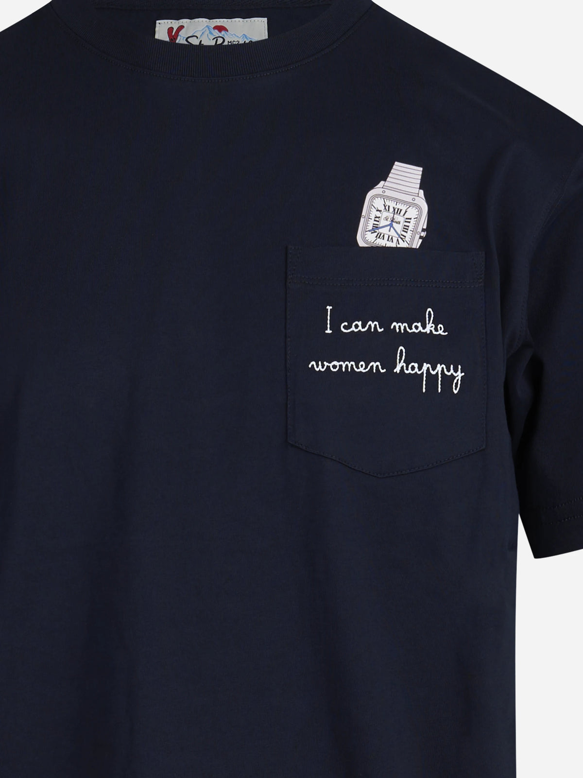T-shirt Connor con taschino e orologio blu - dettaglio del ricamo e del tessuto