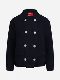 Cardigan bomber doppiopetto in lana blu - vista frontale