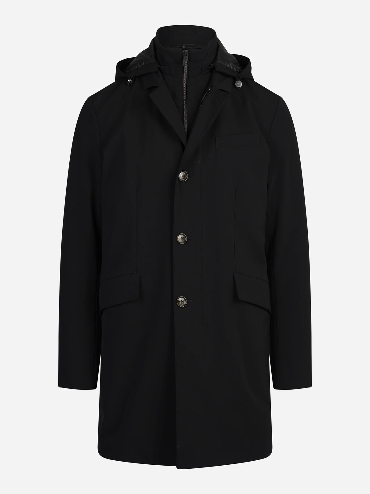 Cappotto imbottito con cappuccio nero - vista frontale