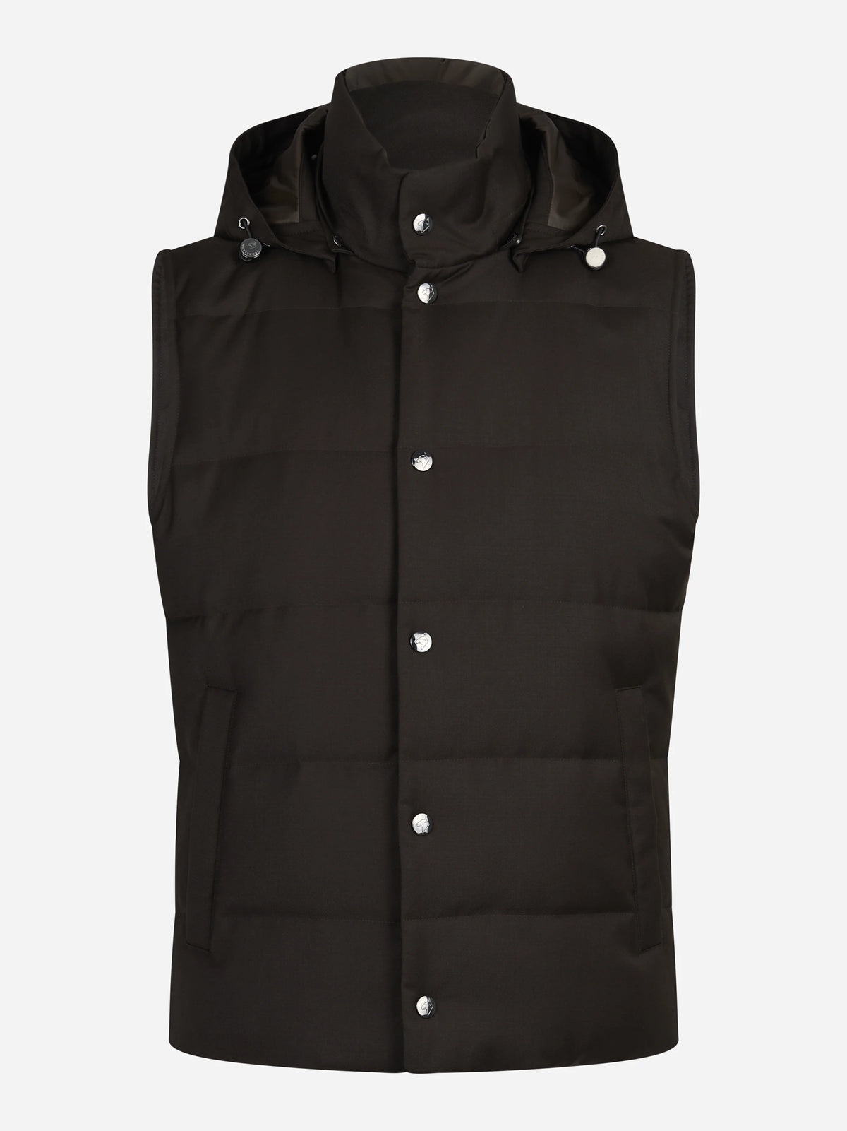 Gilet imbottito con cappuccio in lana vergine marrone - vista frontale
