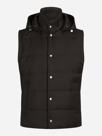 Gilet imbottito con cappuccio in lana vergine marrone - vista frontale