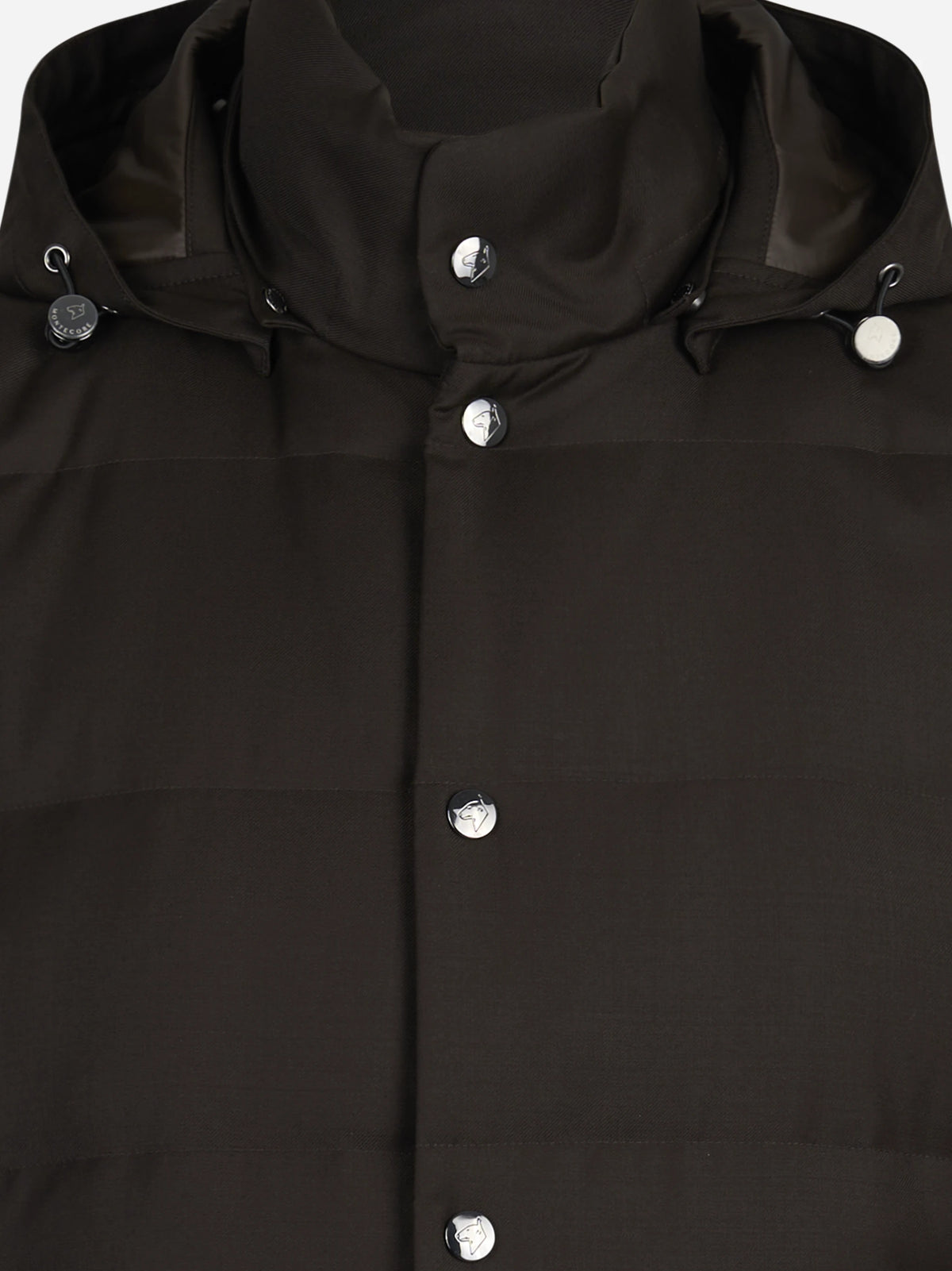 Gilet imbottito con cappuccio in lana vergine marrone - dettaglio del prodotto