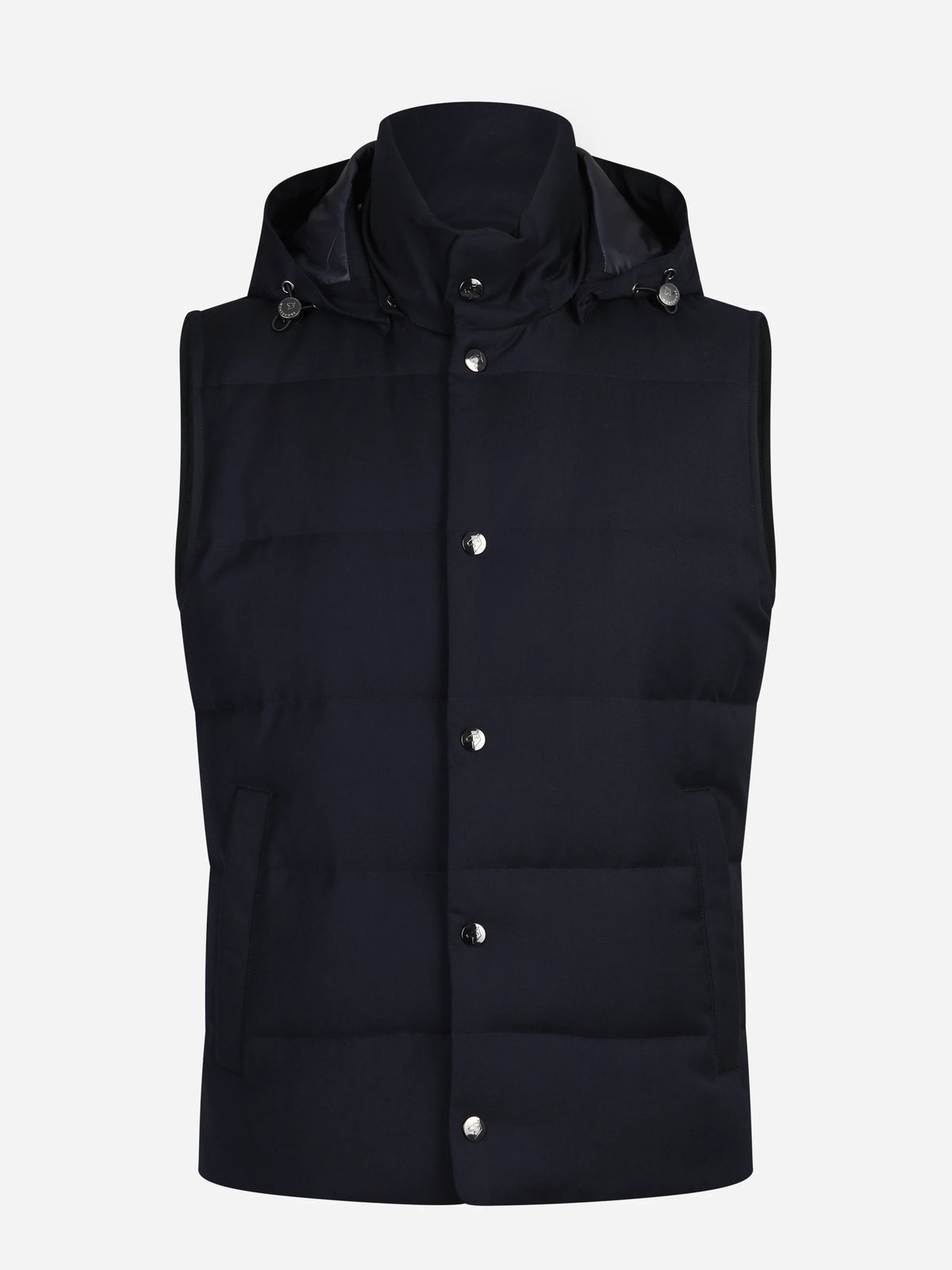 Gilet imbottito con cappuccio in lana vergine blu - vista frontale