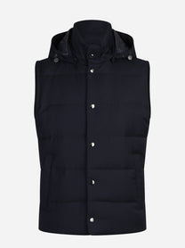 Gilet imbottito con cappuccio in lana vergine blu - vista frontale