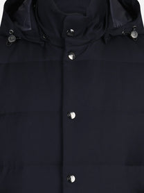 Gilet imbottito con cappuccio in lana vergine blu - dettaglio del prodotto