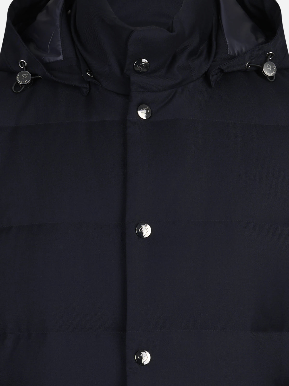 Gilet imbottito con cappuccio in lana vergine blu - dettaglio del prodotto