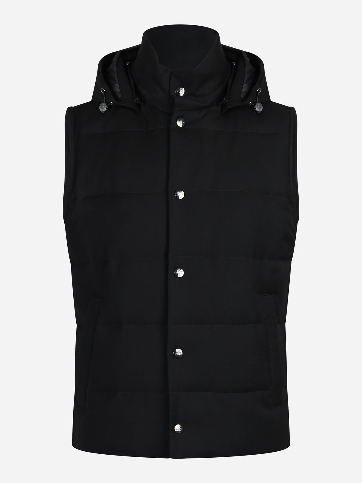 Gilet imbottito con cappuccio in lana vergine nero - vista frontale