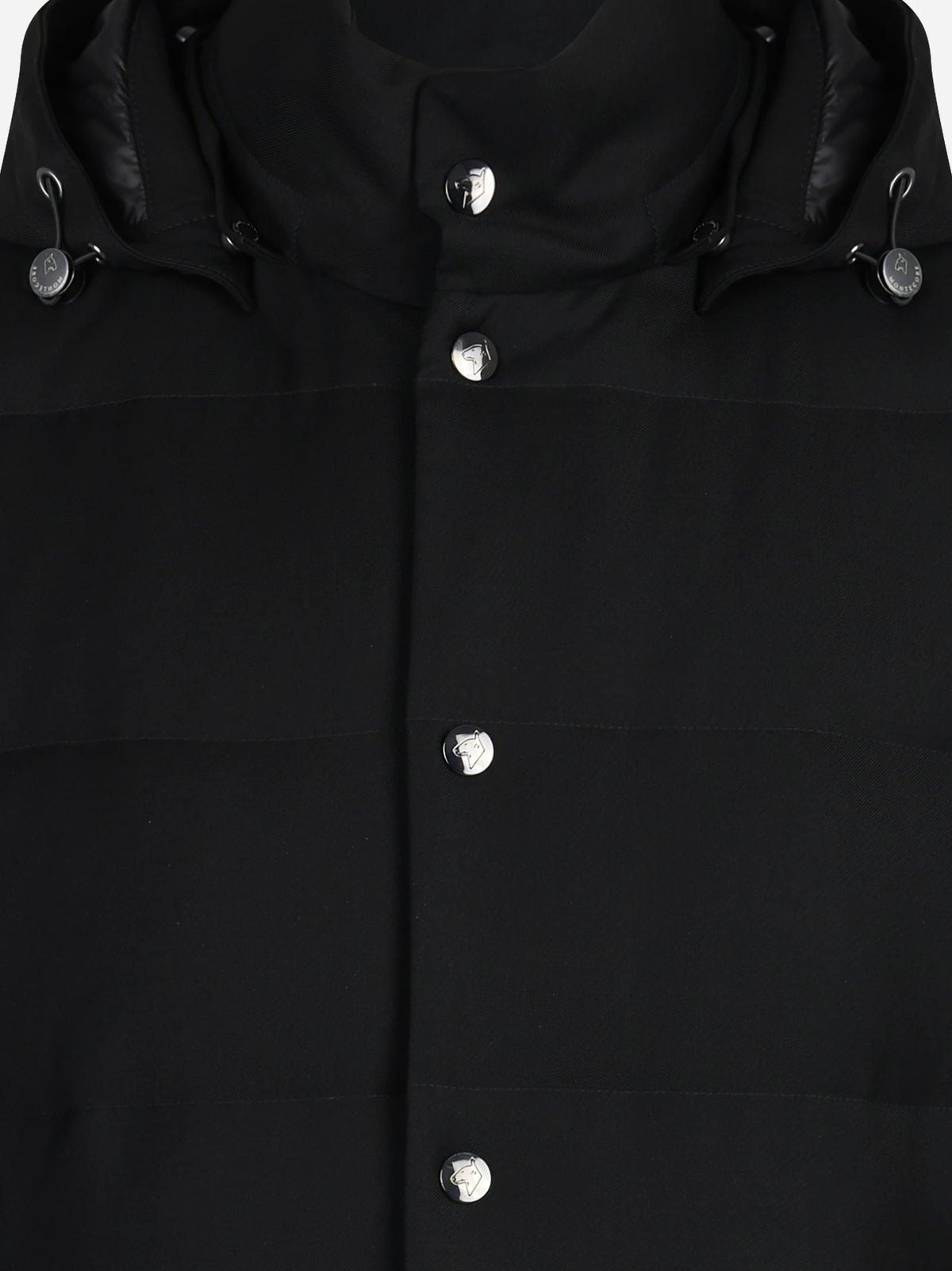 Gilet imbottito con cappuccio in lana vergine nero - dettaglio del prodotto