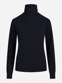 Maglia a collo alto in lana seta e cashmere blu - vista frontale