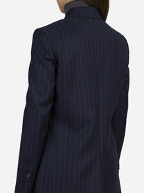 Blazer monopetto gessato blu - indossato, dettaglio prodotto