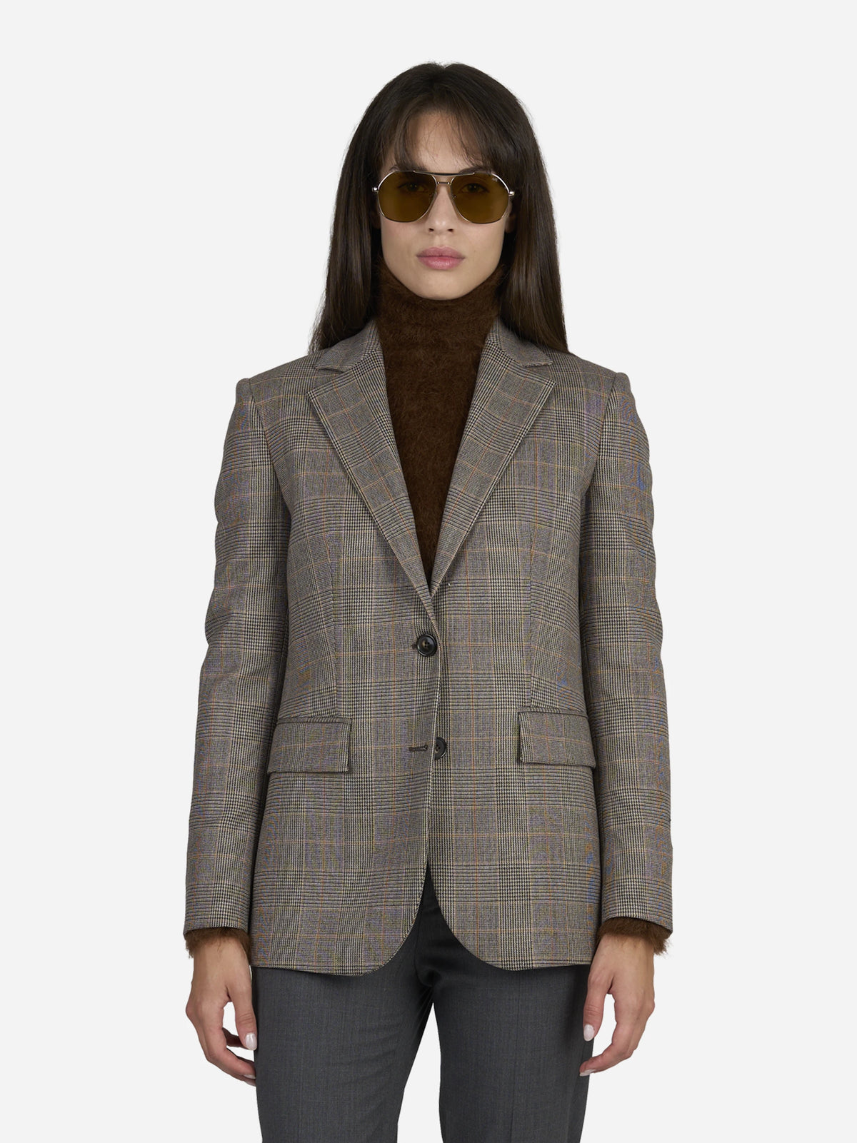 Blazer monopetto Principe di Galles beige - indossato, vista frontale