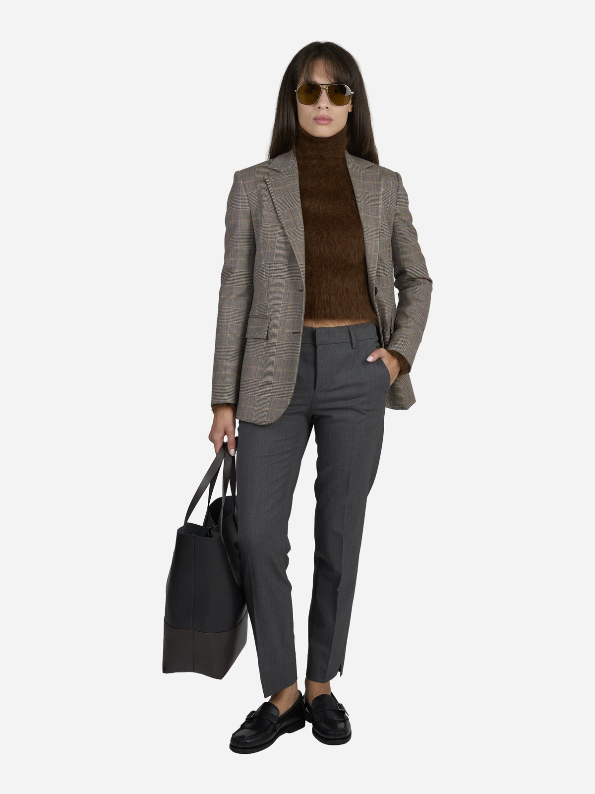 Blazer monopetto Principe di Galles beige - indossato, look completo
