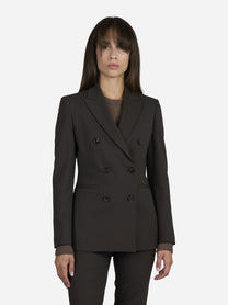 Blazer doppiopetto in lana stretch marrone - indossato, vista frontale