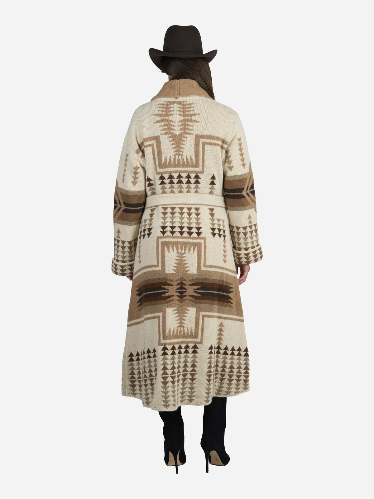 Cappotto cardigan Dineth in lana jacquard avorio - indossato, vista posteriore