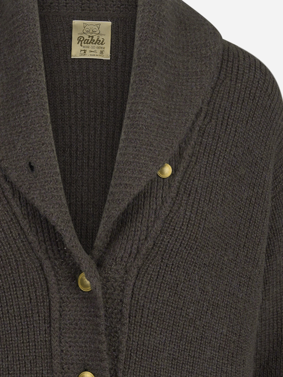 Cardigan Babette in lana con collo sciallato marrone - dettaglio del prodotto