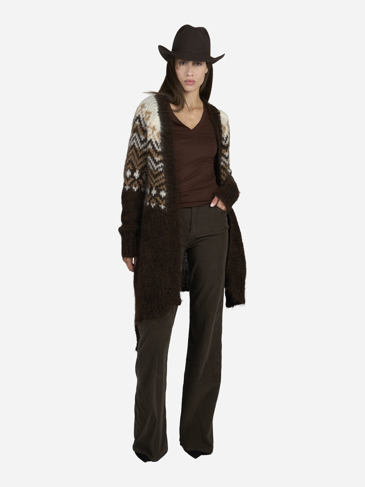Cardigan Jane in lana jacquard cioccolato - indossato, vista alternativa 0
